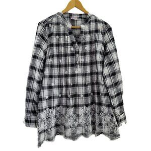 American Sweetheart Blouse Women's S Black White Plaid Roll Tab Sleeves Eyelets